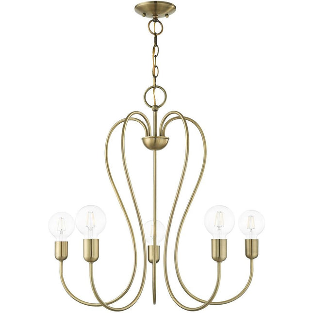 Antiqued Brass Five Light Metal Dimmable Chandelier With Shades