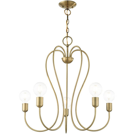 Antiqued Brass Five Light Metal Dimmable Chandelier With Shades