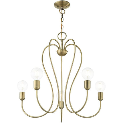 Antiqued Brass Five Light Metal Dimmable Chandelier With Shades