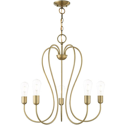 Antiqued Brass Five Light Metal Dimmable Chandelier With Shades