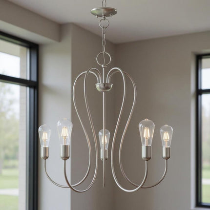 Nickel Five Light Metal Dimmable Chandelier With Shades