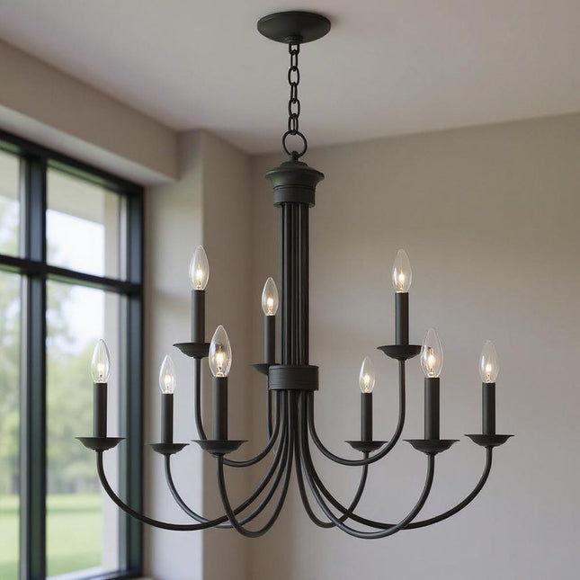 Black Nine Light Dimmable Chandelier With Shades HomeRoots