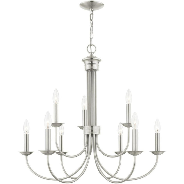 Nickel Nine Light Metal Dimmable Chandelier With Shades