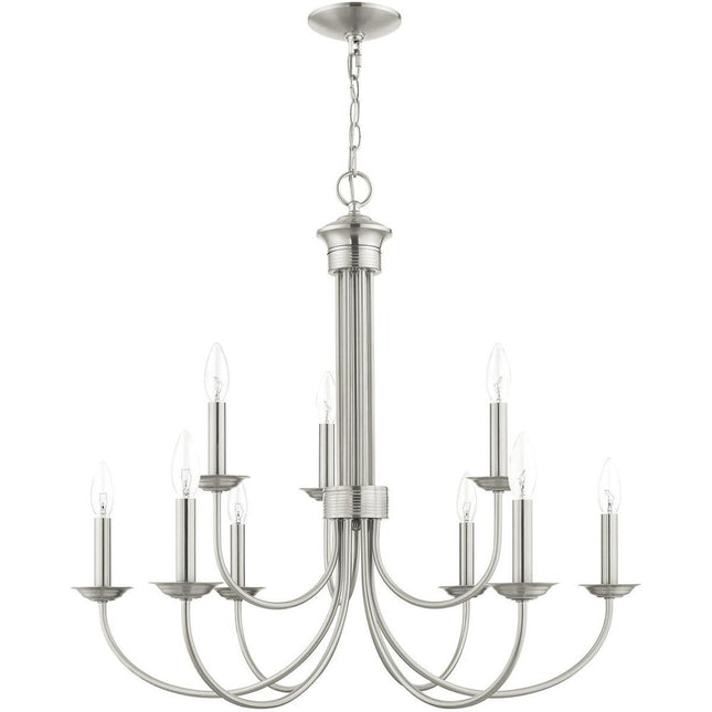 Nickel Nine Light Metal Dimmable Chandelier With Shades