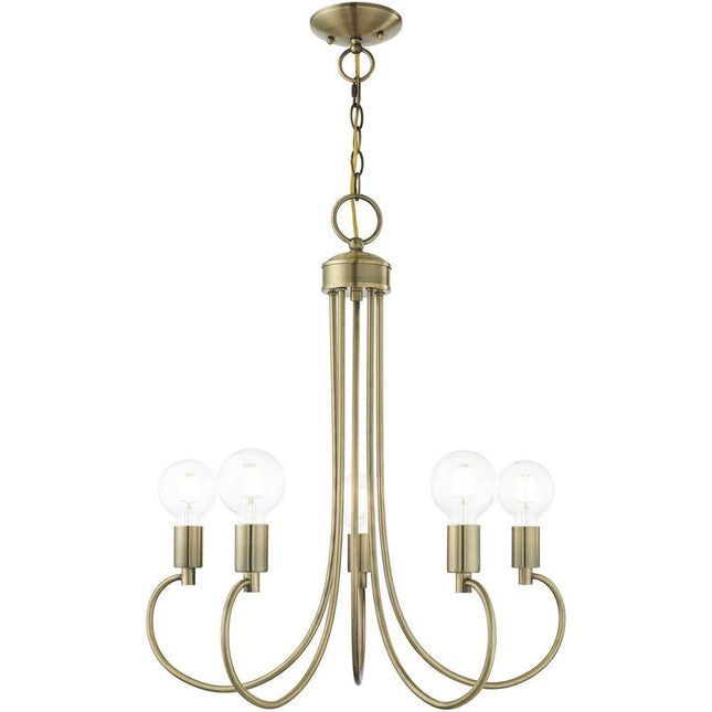 Antiqued Brass Five Light Metal Dimmable Chandelier With Shades HomeRoots