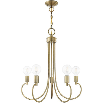 Antiqued Brass Five Light Metal Dimmable Chandelier With Shades