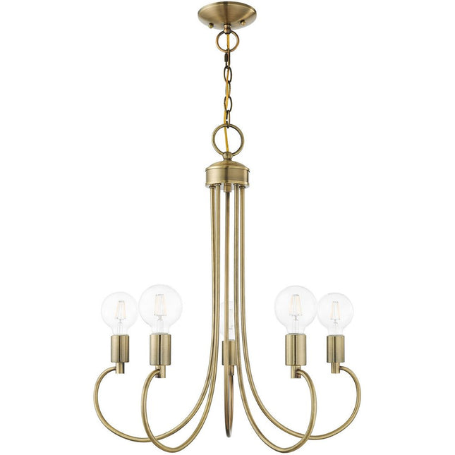 Antiqued Brass Five Light Metal Dimmable Chandelier With Shades HomeRoots