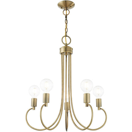 Antiqued Brass Five Light Metal Dimmable Chandelier With Shades