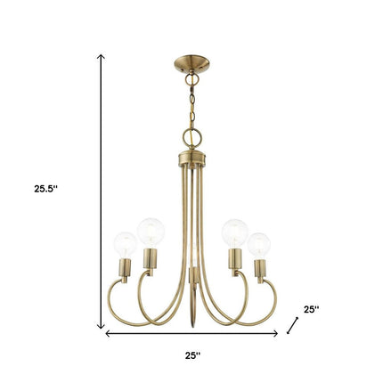 Antiqued Brass Five Light Metal Dimmable Chandelier With Shades