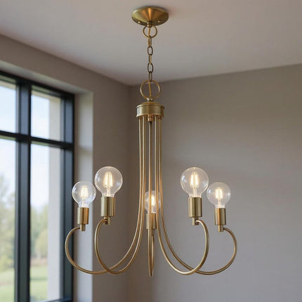 Antiqued Brass Five Light Metal Dimmable Chandelier With Shades