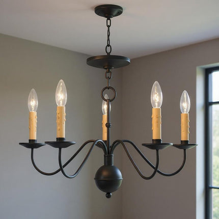 Black Five Light Metal Dimmable Chandelier With Shades