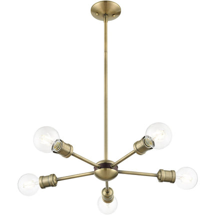 Antiqued Brass Five Light Metal Dimmable Chandelier With Shades