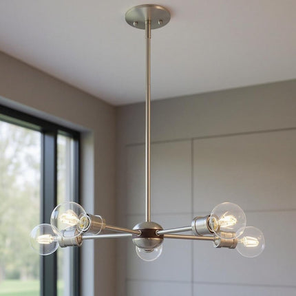 Nickel Five Light Metal Dimmable Chandelier With Shades