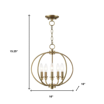 Antiqued Brass Five Light Metal Dimmable Chandelier With Shades