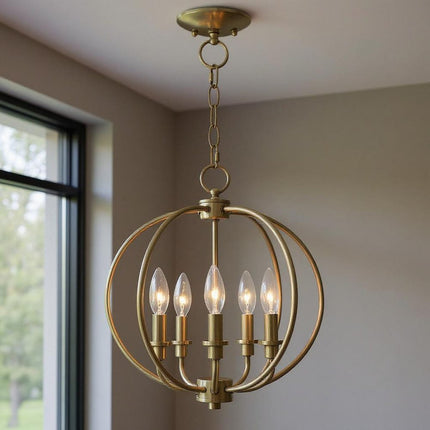 Antiqued Brass Five Light Metal Dimmable Chandelier With Shades