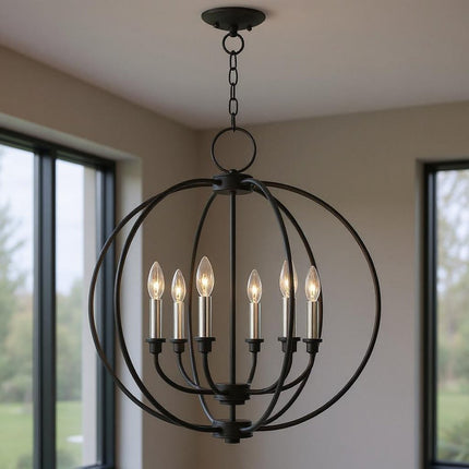 Black Six Light Metal Dimmable Chandelier With Shades