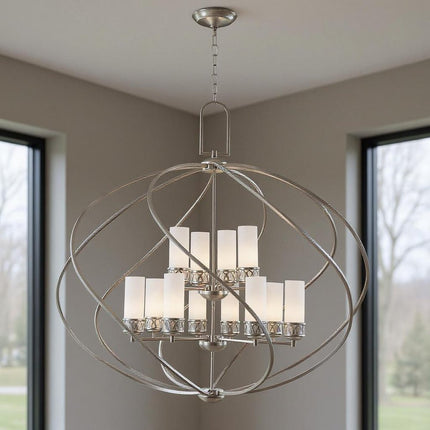 Nickel Twelve Light Metal Dimmable Chandelier With Shades