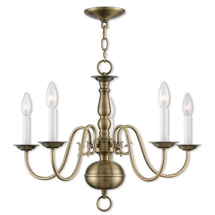 Antiqued Brass Five Light Metal Dimmable Chandelier With Shades