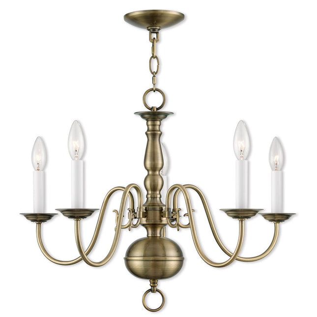 Antiqued Brass Five Light Metal Dimmable Chandelier With Shades HomeRoots