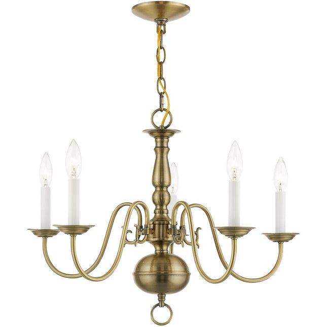 Antiqued Brass Five Light Metal Dimmable Chandelier With Shades HomeRoots