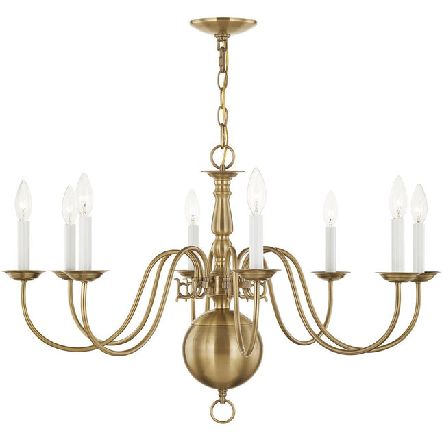 Antiqued Brass Eight Light Metal Dimmable Chandelier With Shades HomeRoots