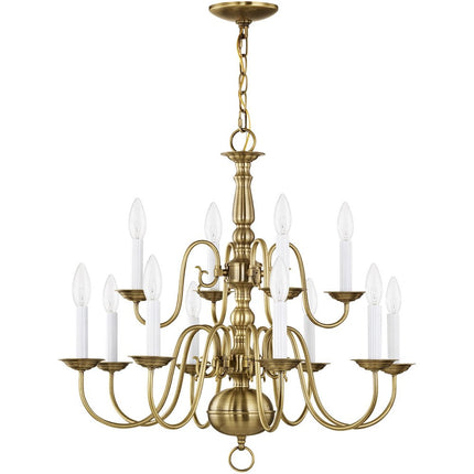 Antiqued Brass Twelve Light Metal Dimmable Chandelier With Shades HomeRoots