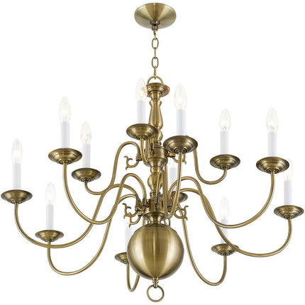 Antiqued Brass Twelve Light Metal Dimmable Chandelier With Shades