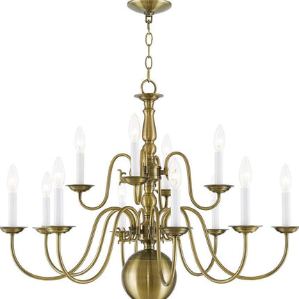 Antiqued Brass Twelve Light Metal Dimmable Chandelier With Shades