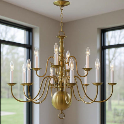 Antiqued Brass Twelve Light Metal Dimmable Chandelier With Shades