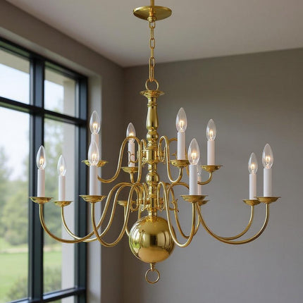 Brass Twelve Light Metal Dimmable Chandelier With Shades