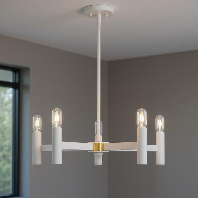 White Five Light Dimmable Chandelier With Shades HomeRoots