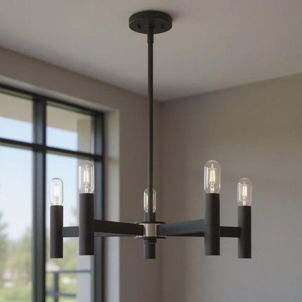 Black Five Light Metal Dimmable Chandelier With Shades