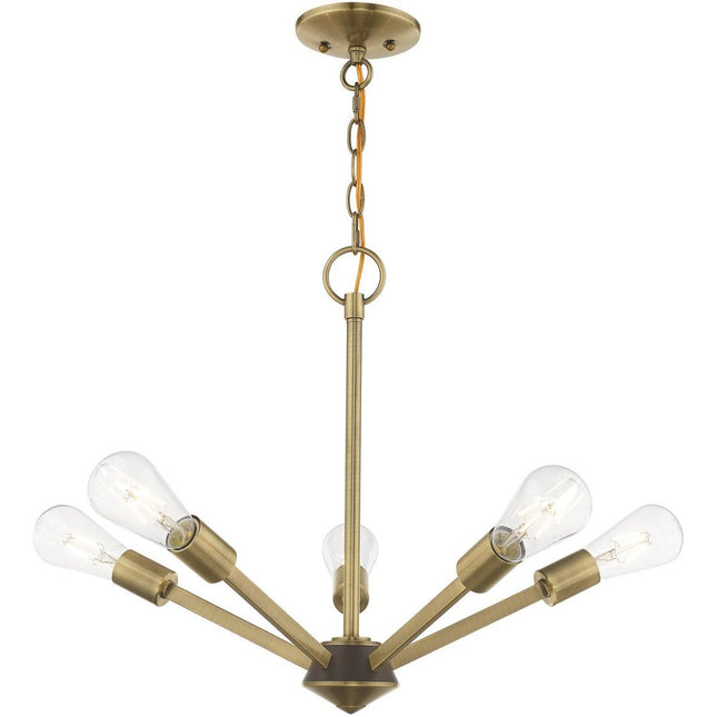 Antiqued Brass Five Light Metal Dimmable Chandelier With Shades