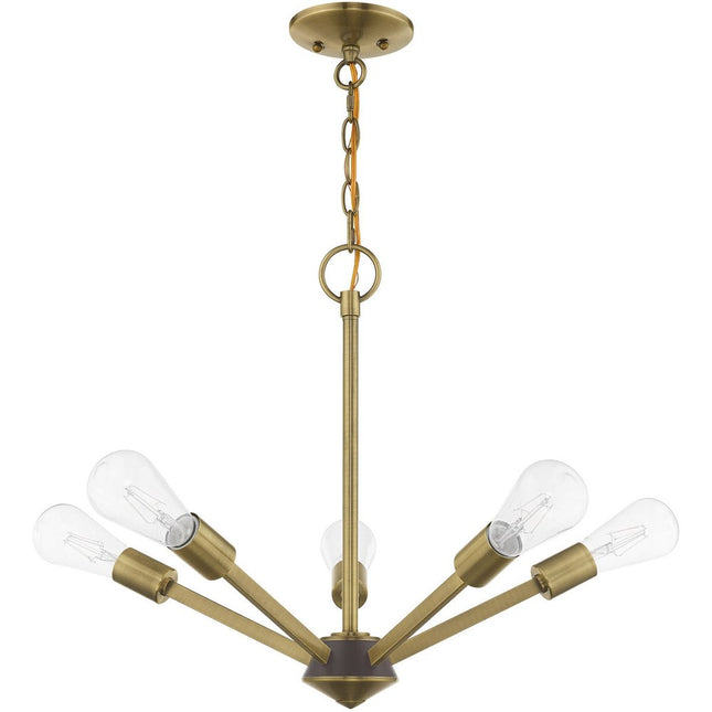Antiqued Brass Five Light Metal Dimmable Chandelier With Shades