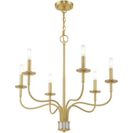 Brass Six Light Metal Dimmable Chandelier With Shades