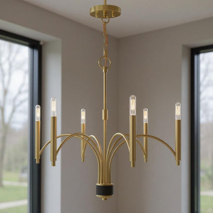 Brass Six Light Metal Dimmable Chandelier With Shades