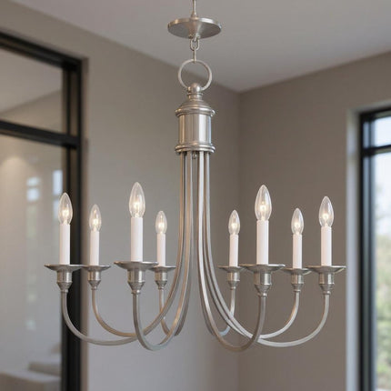 Nickel Eight Light Metal Dimmable Chandelier With Shades