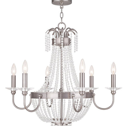 Nickel And Clear Six Light Metal Dimmable Chandelier With Shades