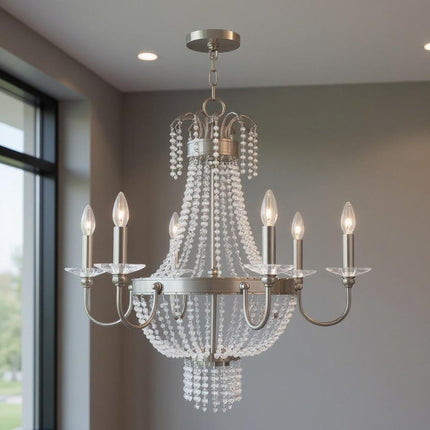 Nickel And Clear Six Light Metal Dimmable Chandelier With Shades