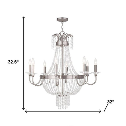 Nickel And Clear Eight Light Metal Dimmable Chandelier With Shades