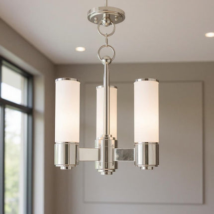 Nickel And Opal Three Light Metal Dimmable Chandelier With Shades