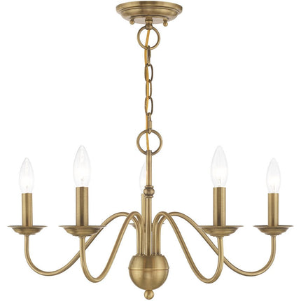 Antiqued Brass Five Light Metal Dimmable Chandelier With Shades