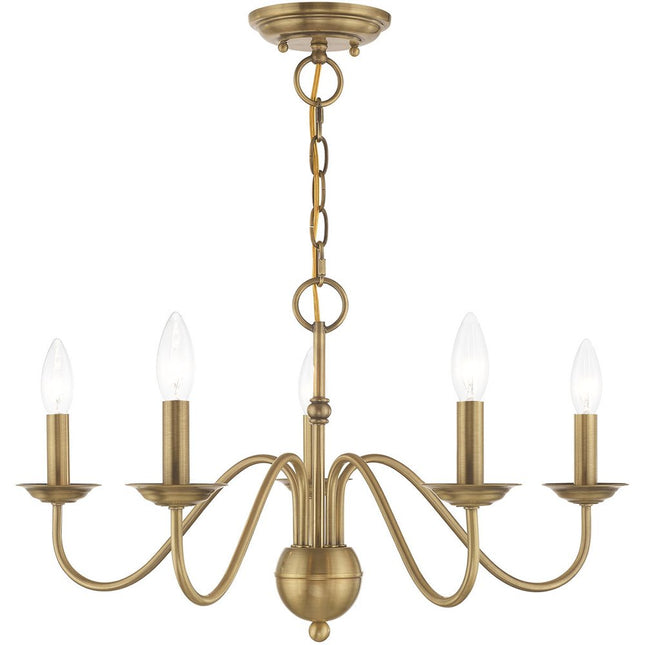 Antiqued Brass Five Light Metal Dimmable Chandelier With Shades