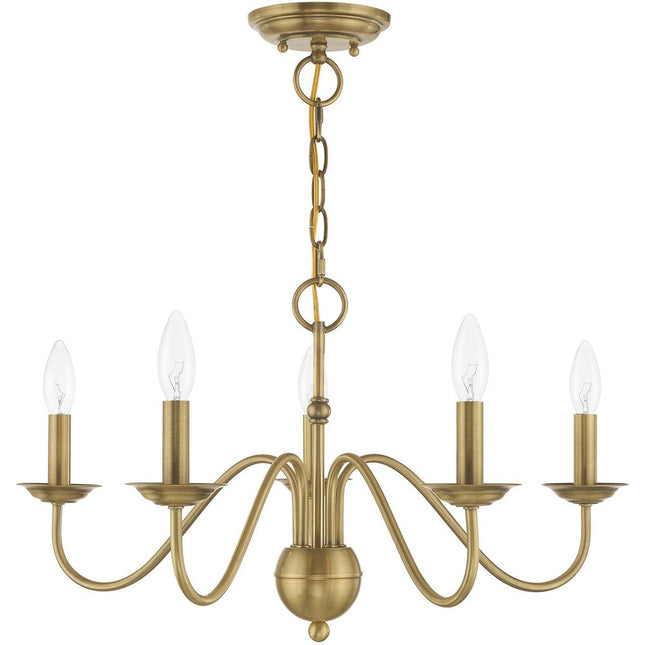 Antiqued Brass Five Light Metal Dimmable Chandelier With Shades