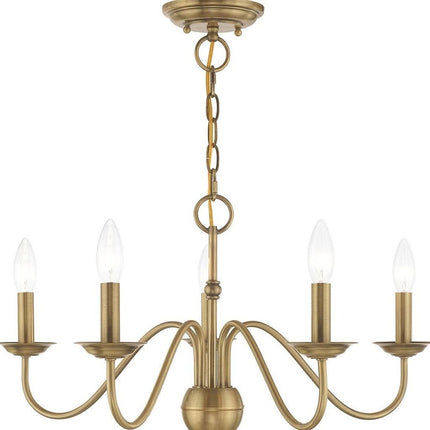 Antiqued Brass Five Light Metal Dimmable Chandelier With Shades