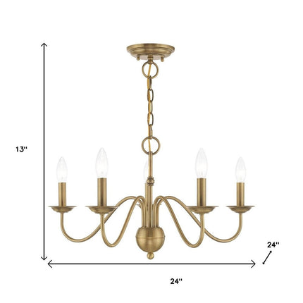 Antiqued Brass Five Light Metal Dimmable Chandelier With Shades