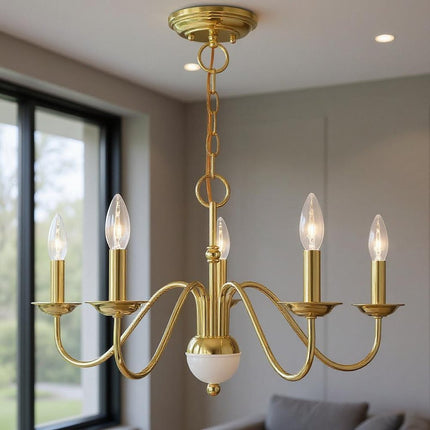 Brass Five Light Metal Dimmable Chandelier With Shades