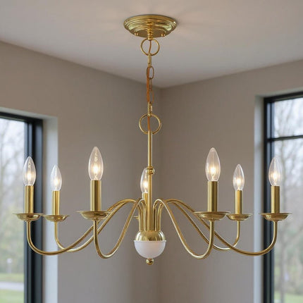 Brass Seven Light Metal Dimmable Chandelier With Shades