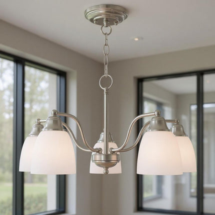 Nickel Five Light Metal Dimmable Chandelier With Shades