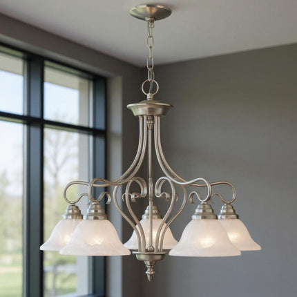 Nickel Five Light Metal Dimmable Chandelier With Shades